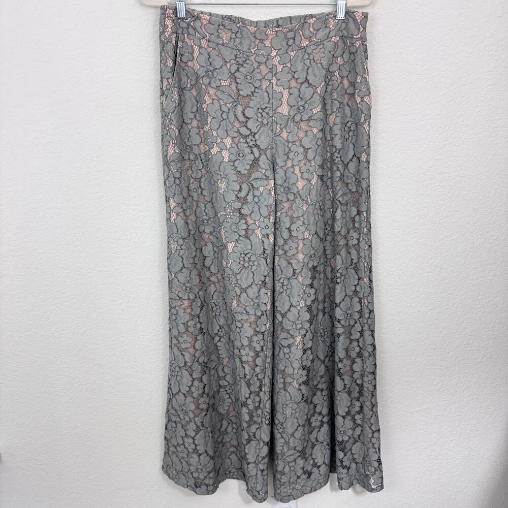 Anthro Feather & Bone Womens Lace Wide Leg Pants Size M Boho Floral Gray